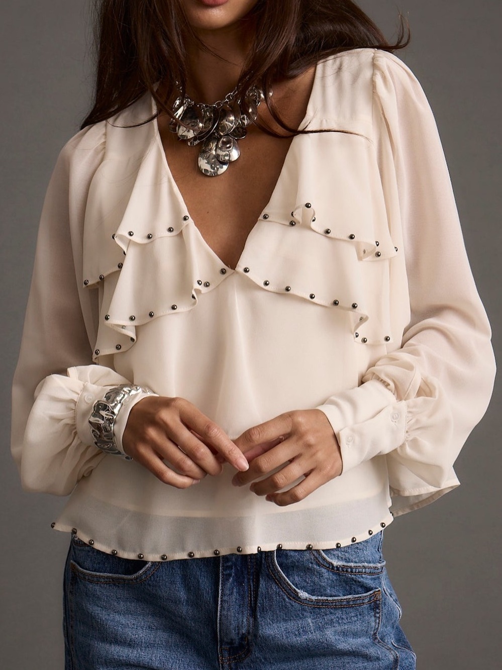 12th Tribe Alyssa Ivory Studded Blouse - Size S